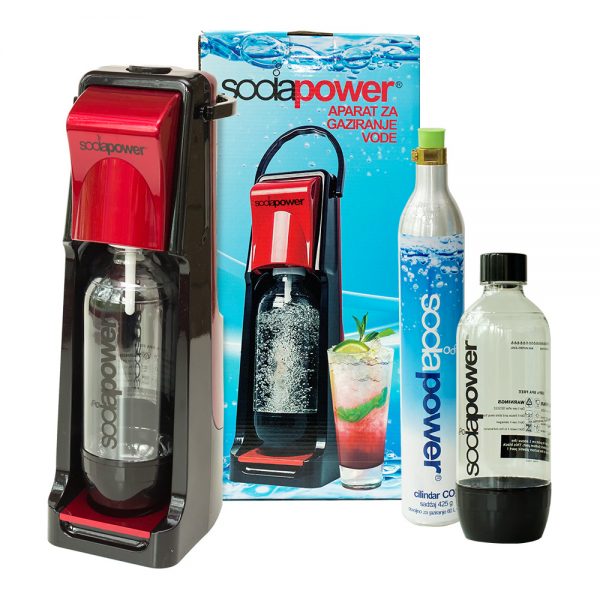 aparat za gaziranje vode sodapower, model leo, kutija, jedna boca i jedan cilindar
